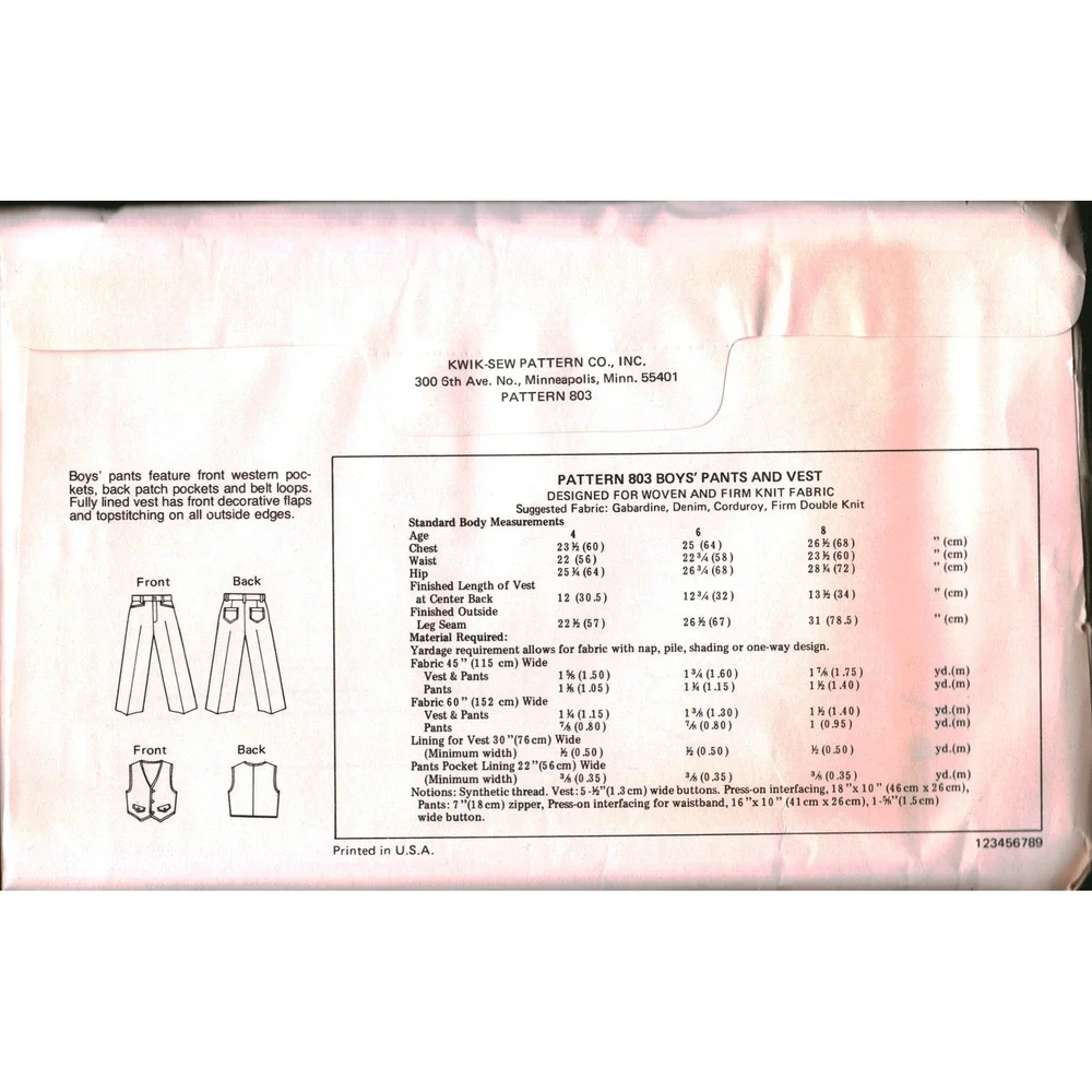 Vintage Kwik Sew 803 Boys Pants and Vest Sewing Pattern Size 4 6 8 Kerstin M
